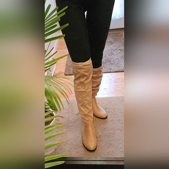 SO Womens Thigh High Boots TAN size 8 | Winter Fall Pull-on Tie-back Boots - Picture 1 of 16